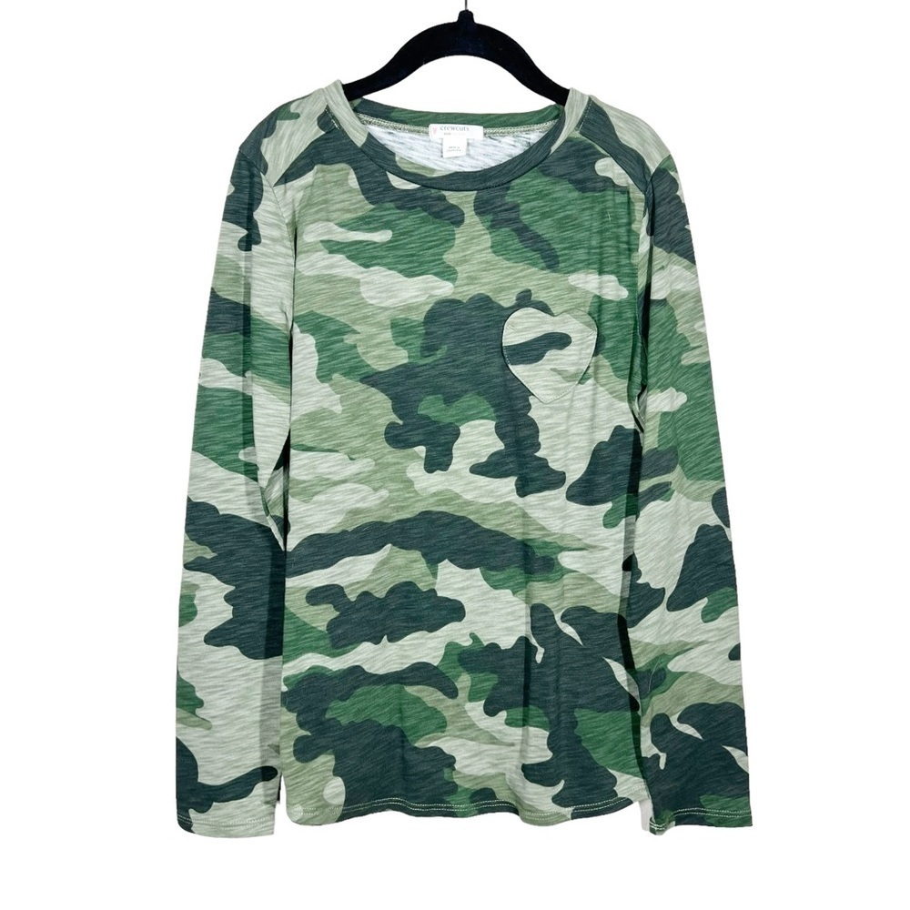 CrewCuts Girls Camo Print Long Sleeve Heart Pocket Cotton Tee Shirt Medium 8-9